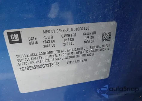 2016 Chevrolet Cruze Lt Auto z USA, uszkodzony, nr VIN 1G1BE5SMXG7278048